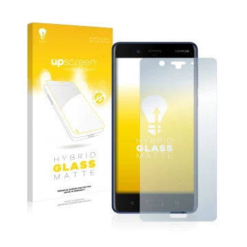 Parte frontale di una confezione del prodotto con il logo del marchio upscreen. Accanto è raffigurato il dispositivo Nokia 8 c