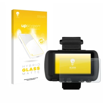 Parte frontale di una confezione del prodotto con il logo del marchio upscreen. Accanto è raffigurato il dispositivo Garmin Fo