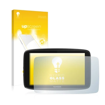 Parte frontale di una confezione del prodotto con il logo del marchio upscreen. Accanto è raffigurato il dispositivo TomTom GO