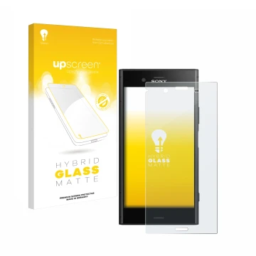 Parte frontale di una confezione del prodotto con il logo del marchio upscreen. Accanto è raffigurato il dispositivo Sony Xper