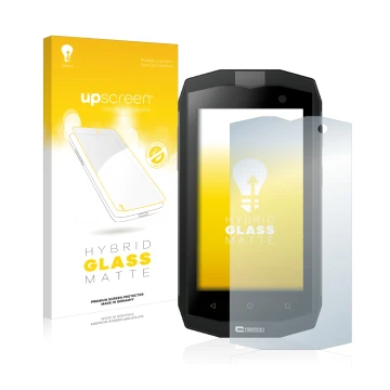 Parte frontale di una confezione del prodotto con il logo del marchio upscreen. Accanto è raffigurato il dispositivo Crosscall