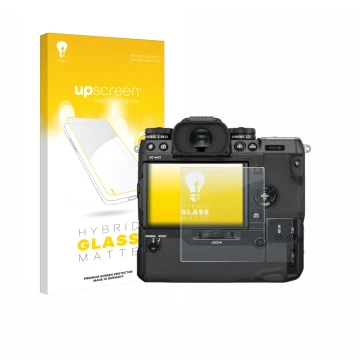 Parte frontale di una confezione del prodotto con il logo del marchio upscreen. Accanto è raffigurato il dispositivo Fujifilm 