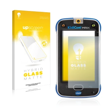 Parte frontale di una confezione del prodotto con il logo del marchio upscreen. Accanto è raffigurato il dispositivo Vtech Kid