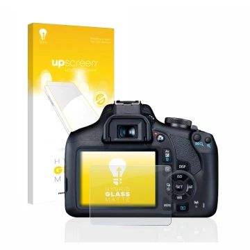 Parte frontale di una confezione del prodotto con il logo del marchio upscreen. Accanto è raffigurato il dispositivo Canon EOS