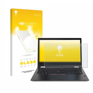 Parte frontale di una confezione del prodotto con il logo del marchio upscreen. Accanto è raffigurato il dispositivo Lenovo Th