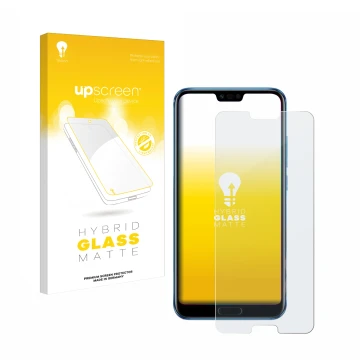 Parte frontale di una confezione del prodotto con il logo del marchio upscreen. Accanto è raffigurato il dispositivo Honor 10 