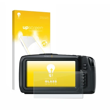 Parte frontale di una confezione del prodotto con il logo del marchio upscreen. Accanto è raffigurato il dispositivo Blackmagi