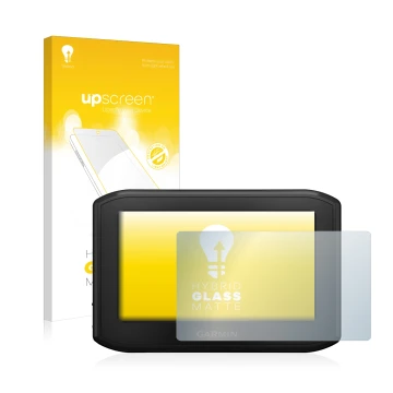 Parte frontale di una confezione del prodotto con il logo del marchio upscreen. Accanto è raffigurato il dispositivo Garmin zu