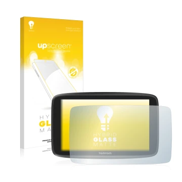 Parte frontale di una confezione del prodotto con il logo del marchio upscreen. Accanto è raffigurato il dispositivo TomTom GO