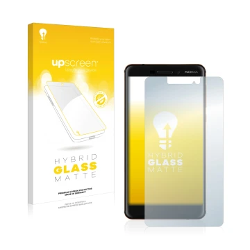 Parte frontale di una confezione del prodotto con il logo del marchio upscreen. Accanto è raffigurato il dispositivo Nokia 6.1