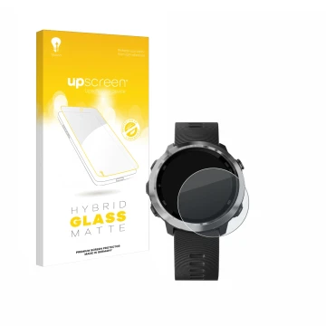 Parte frontale di una confezione del prodotto con il logo del marchio upscreen. Accanto è raffigurato il dispositivo Garmin Fo