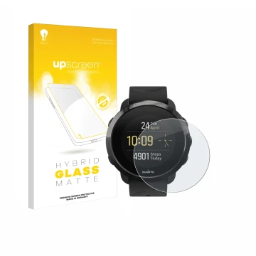Parte frontale di una confezione del prodotto con il logo del marchio upscreen. Accanto è raffigurato il dispositivo Suunto 3 