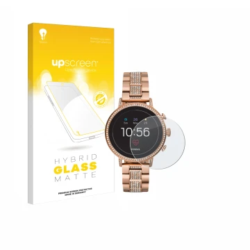 Parte frontale di una confezione del prodotto con il logo del marchio upscreen. Accanto è raffigurato il dispositivo Fossil Q 