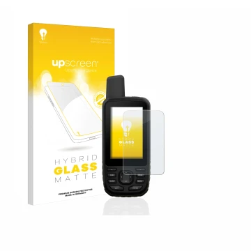 Parte frontale di una confezione del prodotto con il logo del marchio upscreen. Accanto è raffigurato il dispositivo Garmin GP