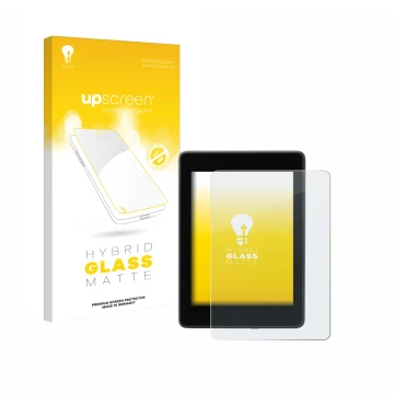 Parte frontale di una confezione del prodotto con il logo del marchio upscreen. Accanto è raffigurato il dispositivo Amazon Ki