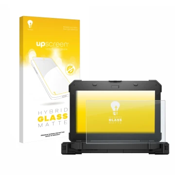 Parte frontale di una confezione del prodotto con il logo del marchio upscreen. Accanto è raffigurato il dispositivo Dell Lati