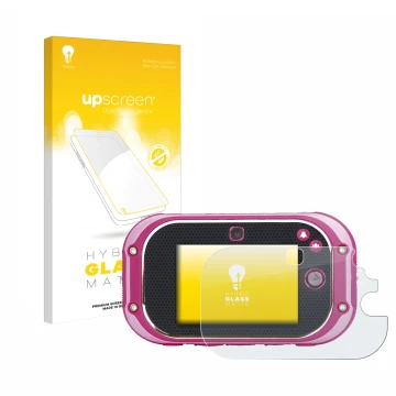 Parte frontale di una confezione del prodotto con il logo del marchio upscreen. Accanto è raffigurato il dispositivo Vtech Kid