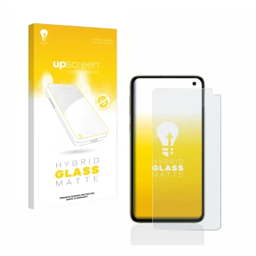 Parte frontale di una confezione del prodotto con il logo del marchio upscreen. Accanto è raffigurato il dispositivo Samsung G