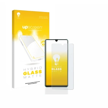 Parte frontale di una confezione del prodotto con il logo del marchio upscreen. Accanto è raffigurato il dispositivo Huawei P3