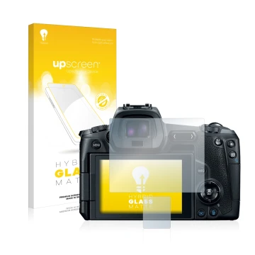 Parte frontale di una confezione del prodotto con il logo del marchio upscreen. Accanto è raffigurato il dispositivo Canon EOS