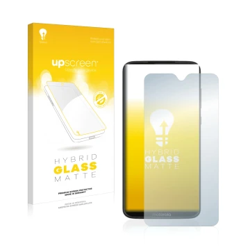 Parte frontale di una confezione del prodotto con il logo del marchio upscreen. Accanto è raffigurato il dispositivo Motorola 