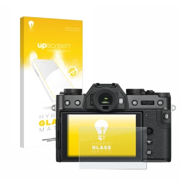 Parte frontale di una confezione del prodotto con il logo del marchio upscreen. Accanto è raffigurato il dispositivo Fujifilm 