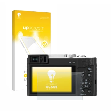 Parte frontale di una confezione del prodotto con il logo del marchio upscreen. Accanto è raffigurato il dispositivo Panasonic