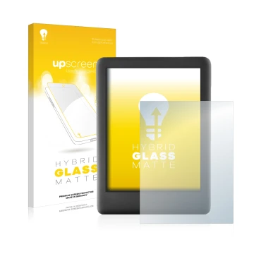 Parte frontale di una confezione del prodotto con il logo del marchio upscreen. Accanto è raffigurato il dispositivo Amazon Ki