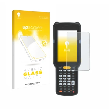 Parte frontale di una confezione del prodotto con il logo del marchio upscreen. Accanto è raffigurato il dispositivo Zebra MC3