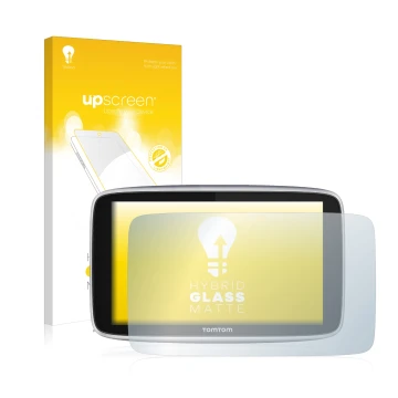 Parte frontale di una confezione del prodotto con il logo del marchio upscreen. Accanto è raffigurato il dispositivo TomTom GO