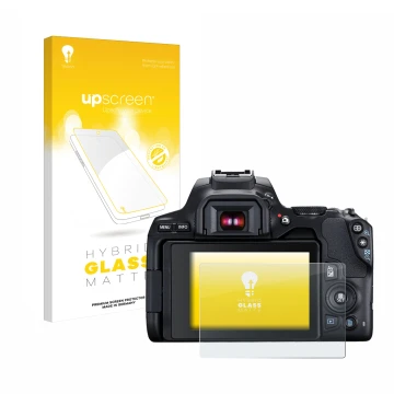 Parte frontale di una confezione del prodotto con il logo del marchio upscreen. Accanto è raffigurato il dispositivo Canon EOS