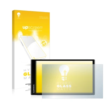 Parte frontale di una confezione del prodotto con il logo del marchio upscreen. Accanto è raffigurato il dispositivo Garmin Ca