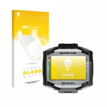 Parte frontale di una confezione del prodotto con il logo del marchio upscreen. Accanto è raffigurato il dispositivo Mares Qua