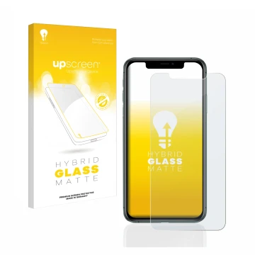 Parte frontale di una confezione del prodotto con il logo del marchio upscreen. Accanto è raffigurato il dispositivo Apple iPh