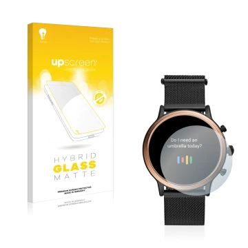 Parte frontale di una confezione del prodotto con il logo del marchio upscreen. Accanto è raffigurato il dispositivo Fossil Ju