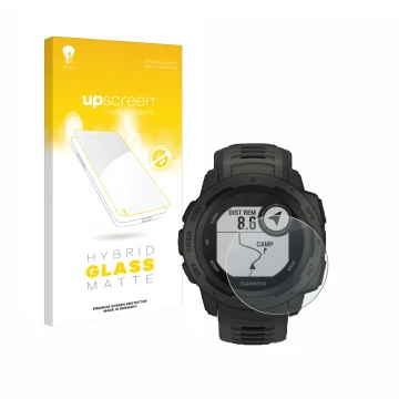Parte frontale di una confezione del prodotto con il logo del marchio upscreen. Accanto è raffigurato il dispositivo Garmin In