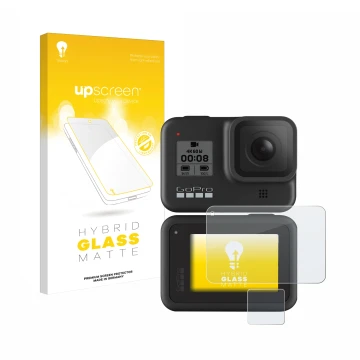 Parte frontale di una confezione del prodotto con il logo del marchio upscreen. Accanto è raffigurato il dispositivo GoPro Her