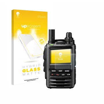 Parte frontale di una confezione del prodotto con il logo del marchio upscreen. Accanto è raffigurato il dispositivo Yaesu FT-