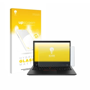 Parte frontale di una confezione del prodotto con il logo del marchio upscreen. Accanto è raffigurato il dispositivo Lenovo Th