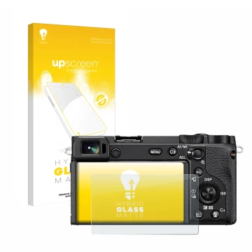 Parte frontale di una confezione del prodotto con il logo del marchio upscreen. Accanto è raffigurato il dispositivo Sony Alph