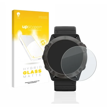 Parte frontale di una confezione del prodotto con il logo del marchio upscreen. Accanto è raffigurato il dispositivo Garmin Fe