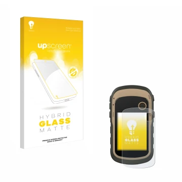 Parte frontale di una confezione del prodotto con il logo del marchio upscreen. Accanto è raffigurato il dispositivo Garmin eT