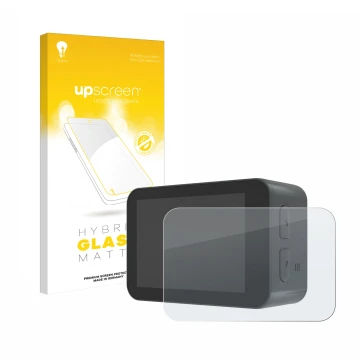 Parte frontale di una confezione del prodotto con il logo del marchio upscreen. Accanto è raffigurato il dispositivo Akaso V50