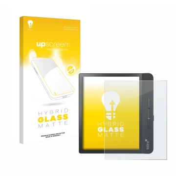 Parte frontale di una confezione del prodotto con il logo del marchio upscreen. Accanto è raffigurato il dispositivo Tolino Ep