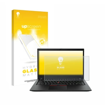 Parte frontale di una confezione del prodotto con il logo del marchio upscreen. Accanto è raffigurato il dispositivo Lenovo Th