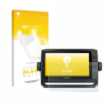 Parte frontale di una confezione del prodotto con il logo del marchio upscreen. Accanto è raffigurato il dispositivo Garmin EC