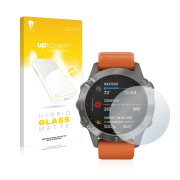 Parte frontale di una confezione del prodotto con il logo del marchio upscreen. Accanto è raffigurato il dispositivo Garmin Fe