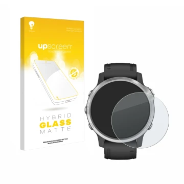 Parte frontale di una confezione del prodotto con il logo del marchio upscreen. Accanto è raffigurato il dispositivo Garmin Fe