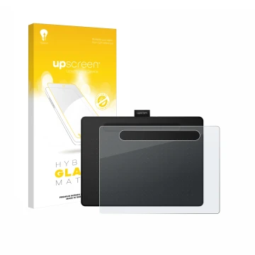 Parte frontale di una confezione del prodotto con il logo del marchio upscreen. Accanto è raffigurato il dispositivo Wacom Int