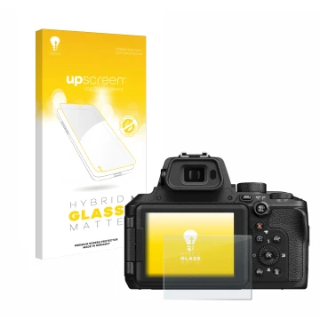 Parte frontale di una confezione del prodotto con il logo del marchio upscreen. Accanto è raffigurato il dispositivo Nikon Coo